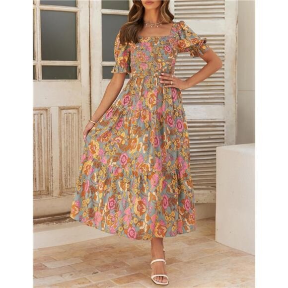 Women's Summer Boho Floral Print Square Neck Ruffle‎ Swing Beach Long Maxi Dress - Picture 2 of 6